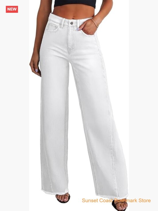 Denim - High Waisted Wide Leg Jeans with Raw Hem Stretchy Denim Pants